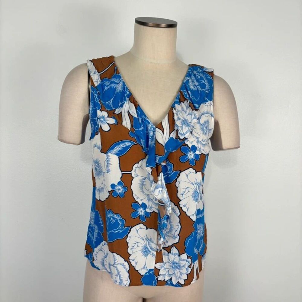 Talbots MP Womens Floral V-Neck Sleeveless Ruffle Tank Top Blouse Brown Blue